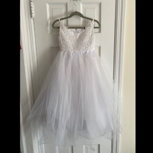 Flower girl tulle and embroidered lace dress & petal basket